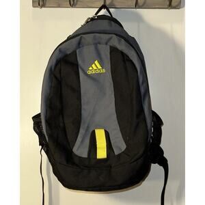 Adidas Unisex Black And Gray Backpack, Neon Yellow Accents. Dual Zipper Sections